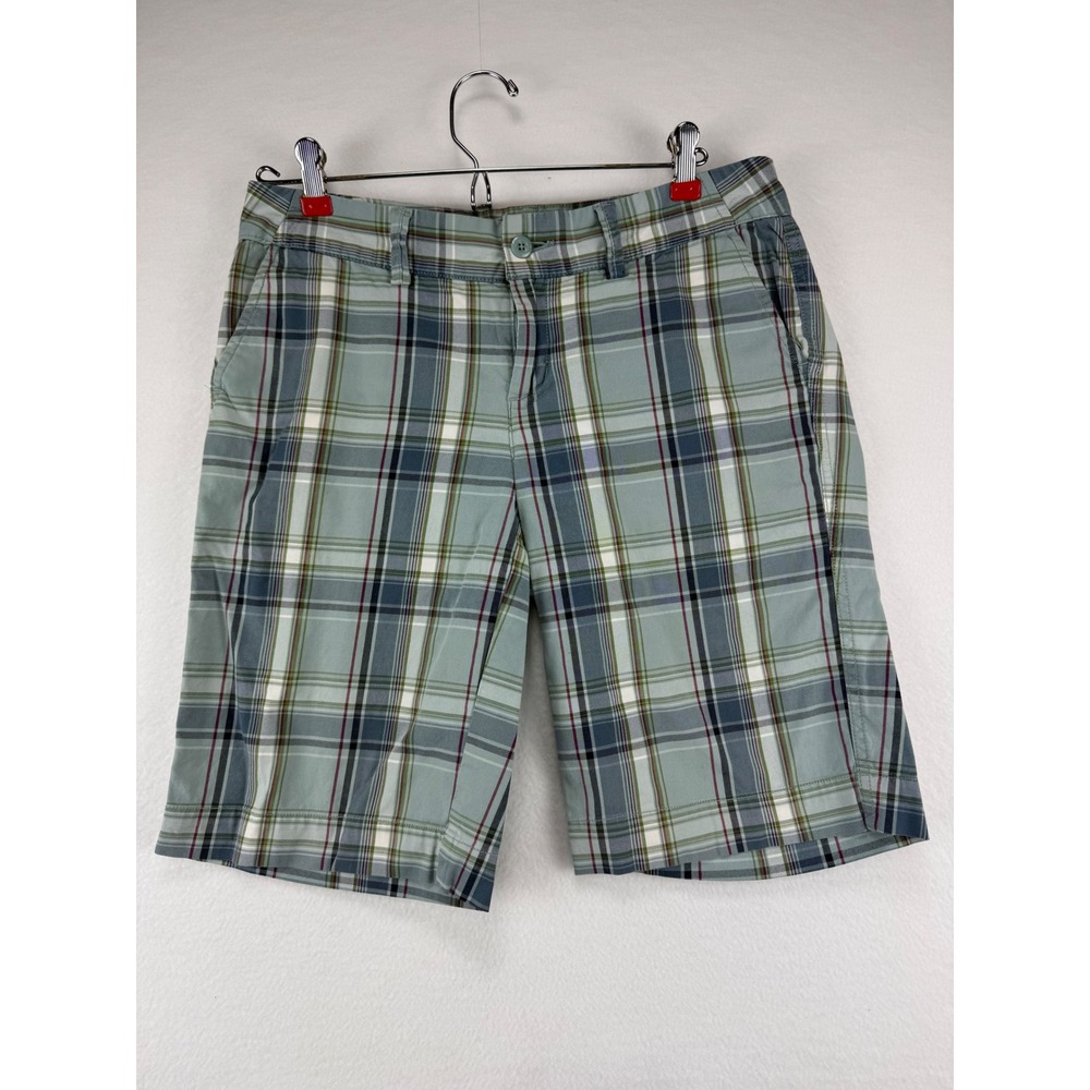 Eddie Bauer‎ Mens Blue Green Plaid Flat Front Hiking Casual Shorts Size 4 31W